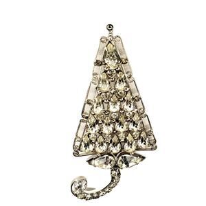 Vintage Rhinestone Tree Brooch Silver Tone Holiday Christmas Pin MCM 1950s